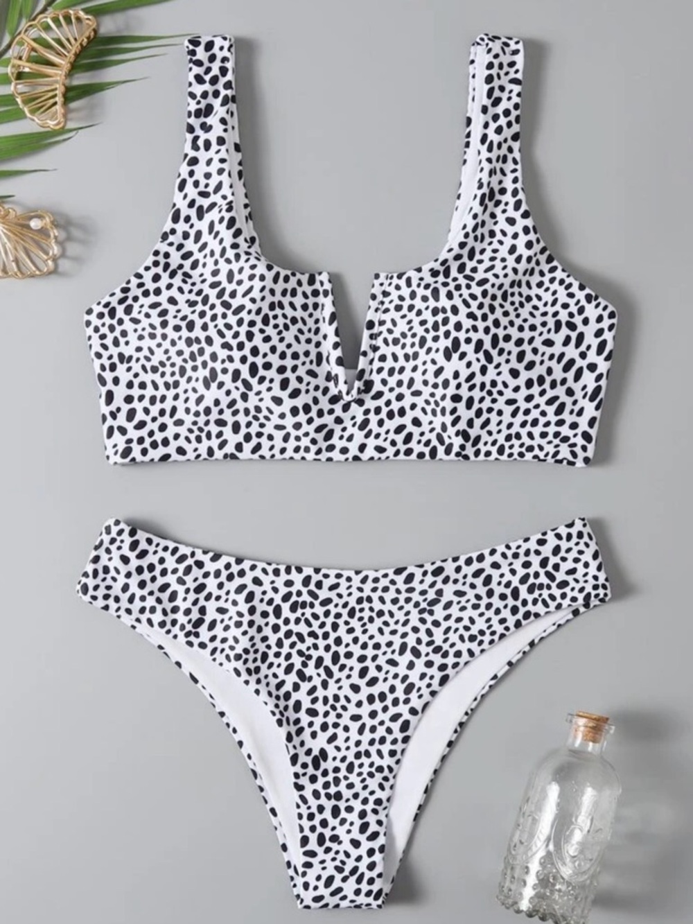 SHEIN Black and White Dalmatian Print V-Notch Bikini Set